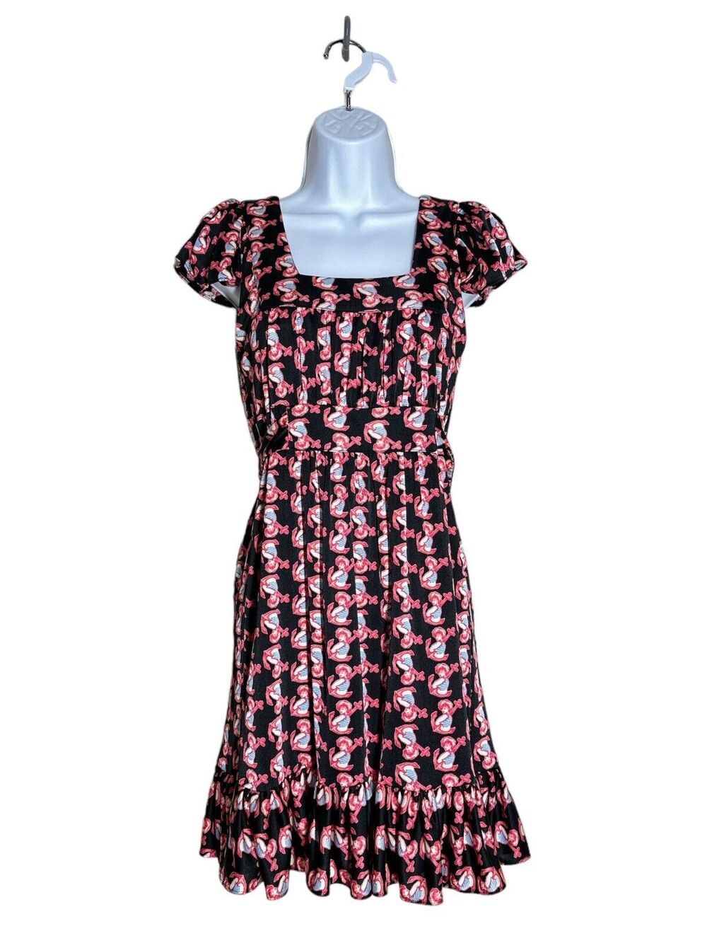 Vintage Y2K Betsey Johnson Sailor Dress Womens Size S Anchor Tattoo Ruffle